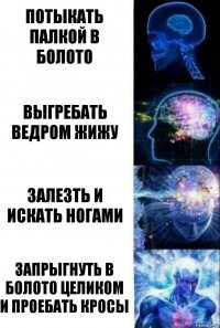 Потыкать палкой в болото Выгребать ведром жижу Залезть и искать ногами Запрыгнуть в болото целиком и проебать кросы