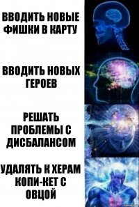 Вводить новые фишки в карту Вводить новых героев Решать проблемы с дисбалансом Удалять к херам копи-кет с овцой