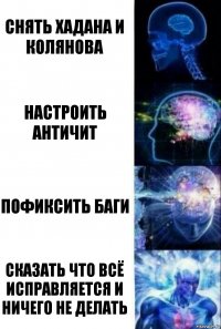 Снять Хадана и Колянова Настроить античит Пофиксить баги Сказать что всё исправляется и ничего не делать