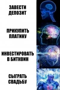 Завести депозит Прикупить платину Инвестировать в биткоин СЬІграть свадьбу