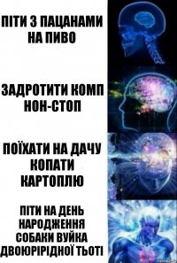 Піти з пацанами на пиво Задротити комп нон-стоп Поїхати на дачу копати картоплю Піти на день народження собаки вуйка двоюрірідної тьоті