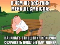 в чём же всё-таки меньше смысла: начинать отношения или тупо сохранять пошлые картинки?