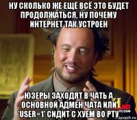 ну сколько же ещё всё это будет продолжаться, ну почему интернет так устроен юзеры заходят в чать а основной адмен чата или 'user=1' сидит с хуем во рту