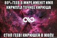 80% геев в мире,имеют имя кирилл,а точнее кирюша стоп геев! кирюшей в жопу