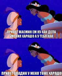 Привет жасмин ем ну как дела умения харашо а у тебя как Привет Аладин у меня тоже харашо