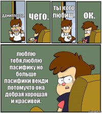 ддииппеерр. чего. ты кого любиш. ок. люблю тебя.люблю пасифику но больше пасифики венди потомучто она добрая хорошая и красивей.