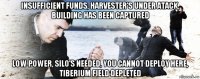 insufficient funds, harvester's under atack, building has been captured low power, silo's needed, you cannot deploy here, tiberium field depleted