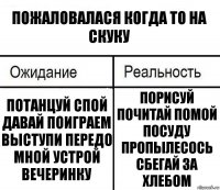 пожаловалася когда то на скуку потанцуй спой давай поиграем выступи передо мной устрой вечеринку порисуй почитай помой посуду пропылесось сбегай за хлебом