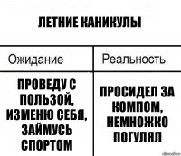 летние каникульі проведу с пользой, изменю себя, займусь спортом просидел за компом, немножко погулял