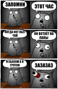 запомни этот час когда кот пьёт чай он встаёт на лапы и ебалом в в грятки зазазаз