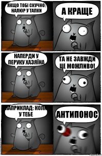 якщо тобі скучно: налюр у тапки а краще наперди у перуку хазяїна та не завжди це можливо! Наприклад: коли у тебе антипонос