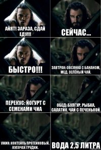 Айят! Зараза, сдай еду!!! Сейчас... БЫСТРО!!! Завтрак: овсянка с бананом, мед. Зелёный чай. Перекус: йогурт с семенами чиа Обед: булгур, рыбка, салатик. Чай с печенькой. Ужин: коктейль протеиновый. Кусочек грудки. Вода 2,5 литра