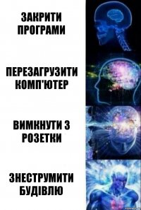 Закрити програми Перезагрузити комп'ютер Вимкнути з розетки Знеструмити будівлю