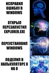 Исправил ошибку в Windows Открыл перезапустил explorer.exe Переустановил windows Поделил в калькуляторе 0 на 0