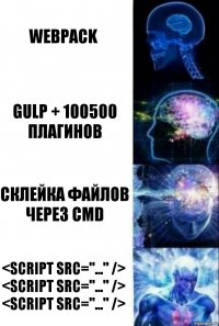 Webpack Gulp + 100500 плагинов склейка файлов через cmd <script src="..." />
<script src="..." />
<script src="..." />