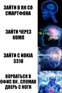 Зайти в ВК со смартфона Зайти через комп Зайти с Nokia 3310 Ворваться в офис ВК , сломав дверь с ноги