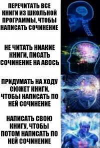 Перечитать все книги из школьной программы, чтобы написать сочинение Не читать ниакие книги, писать сочинение на авось Придумать на ходу сюжет книги, чтобы написать по ней сочинение Написать свою книгу, чтобы потом написать по ней сочинение