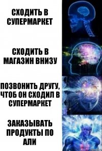 Сходить в супермаркет Сходить в магазин внизу Позвонить другу, чтоб он сходил в супермаркет Заказывать продукты по Али