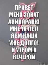 Привет меня Зовут АниЛоракк! Мне 16 лет! Я Ем Кашу Уже долго! И утром,И вечером