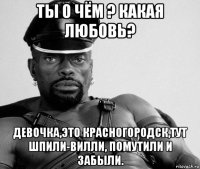 ты о чём ? какая любовь? девочка,это красногородск,тут шпили-вилли, помутили и забыли.