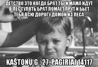 детство это когда брат ты и мама идут в лес гулять брат ломает прут и бьет тебя всю дорогу домой из леса kaštonų g . 27. pagiriai 14117