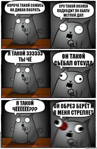 короче такой сожусь на диван посрать сру такой хозяен подходит по ебалу метлой дал я такой ээээээ ты чё он такой сьёбал отсуда я такой чёёёёёё??? он обрез берёт и в меня стреляет