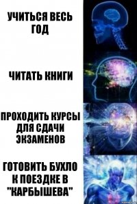 Учиться весь год Читать книги Проходить курсы для сдачи экзаменов Готовить бухло к поездке в "Карбышева"