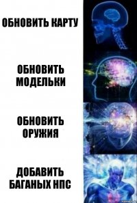 Обновить карту обновить модельки обновить оружия Добавить баганыХ НПС