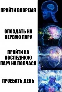 Прийти вовремя Опоздать на первую пару Прийти на последнюю пару на полчаса Проебать день