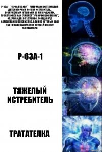 Р-63А-1 "Черная Вдова" - американский тяжелый двухмоторный ночной истребитель, вооружённый четырьмя 20 мм орудиями. Прославился как самолёт "закончивший войну", одержав две воздушные победы над самолётами японских ВВС, один из которых был сбит после подписания Японией пакта о капитуляции Р-63А-1 ТЯЖЕЛЫЙ
ИСТРЕБИТЕЛЬ ТРАТАТЕЛКА