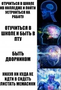 Отучиться в школе ив колледже и пойти устроиться на работу отучиться в школе и быть в ПТУ быть дворником НИХУЯ НИ КУДА НЕ ИДТИ В СИДЕТЬ ЛИСТАТЬ МЕМАСИКИ