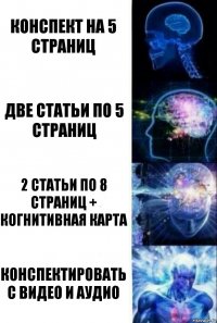 Конспект на 5 страниц Две статьи по 5 страниц 2 статьи по 8 страниц + когнитивная карта Конспектировать с видео и аудио