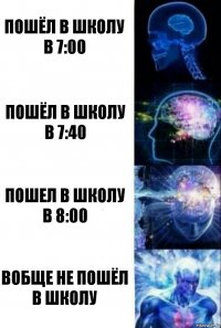 пошёл в школу в 7:00 пошёл в школу в 7:40 пошел в школу в 8:00 вобще не пошёл в школу