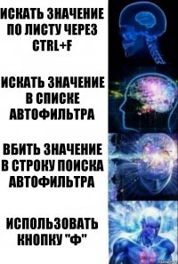 Искать значение по листу через Ctrl+F Искать значение в списке автофильтра Вбить значение в строку поиска автофильтра Использовать кнопку "Ф"