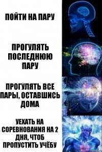 Пойти на пару Прогулять последнюю пару Прогулять все пары, оставшись дома Уехать на соревнования на 2 дня, чтоб пропустить учёбу