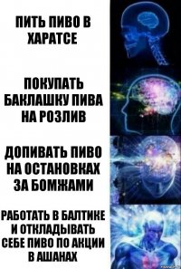 Пить пиво в харатсе Покупать баклашку пива на розлив допивать пиво на остановках за бомжами работать в балтике и откладывать себе пиво по акции в ашанах