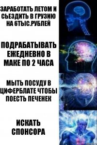 заработать летом и сьездить в Грузию на 6тыс.рублей подрабатывать ежедневно в маке по 2 часа Мыть посуду в циферблате чтобы поесть печенек Искать спонсора