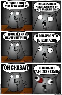 Сегодня я видел странную картину Пачка солфеток с человеком пауком у моего младшего брата Он достаёт их из паучей 5точки я говарю что ты делаешь Он сказал высовывет салфетки из ж&пы