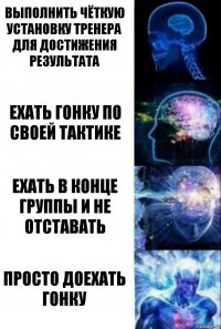 Выполнить чёткую установку тренера для достижения результата Ехать гонку по своей тактике Ехать в конце группы и не отставать Просто доехать гонку