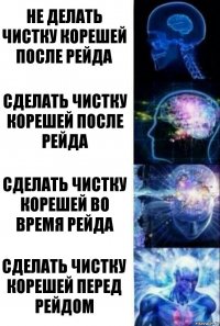 Не делать чистку корешей после рейда Сделать чистку корешей после рейда Сделать чистку корешей во время рейда Сделать чистку корешей перед рейдом