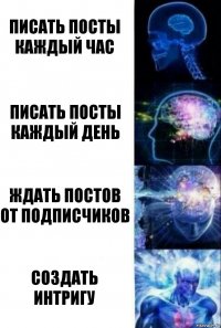 Писать посты каждый час Писать посты каждый день Ждать постов от подписчиков СОЗДАТЬ ИНТРИГУ