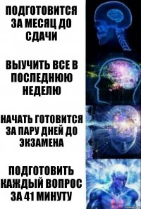 Подготовится за месяц до сдачи Выучить все в последнюю неделю Начать готовится за пару дней до экзамена подготовить каждый вопрос за 41 минуту