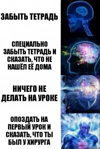 Забыть тетрадь Специально забыть тетрадь и сказать, что не нашёл её дома Ничего не делать на уроке Опоздать на первый урок и сказать, что ты был у хирурга