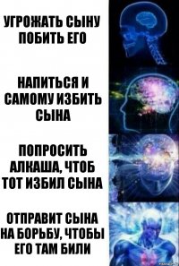 угрожать сыну побить его напиться и самому избить сына попросить алкаша, чтоб тот избил сына отправит сына на борьбу, чтобы его там били