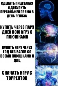 сделать предзаказ и докупить персонажей прямо в день релиза Купить через пару дней всю игру с плюшками купить игру через год без багов со всеми плюшками и длц Скачать игру с торрентов