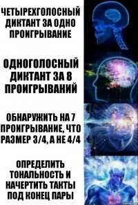 Четырехголосный диктант за одно проигрывание Одноголосный диктант за 8 проигрываний Обнаружить на 7 проигрывание, что размер 3/4, а не 4/4 Определить тональность и начертить такты под конец пары