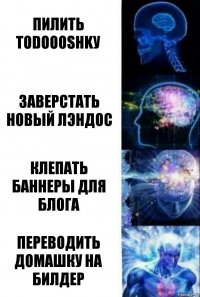 пилить todoooshkу заверстать новый лэндос клепать баннеры для блога переводить домашку на билдер