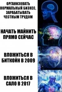 Организовать нормальный бизнес, зарабатывать честным трудом Начать майнить прямо сейчас Вложиться в биткойн в 2009 Вложиться в сало в 2017