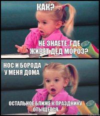 Как? Не знаете ,где живет Дед Мороз? Нос и борода у меня дома остальное ближе к празднику отыщется