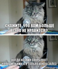 -Скажите, что вам больше всего не нравится? -Когда хозяин закрывает холодильник, а я только в него залез